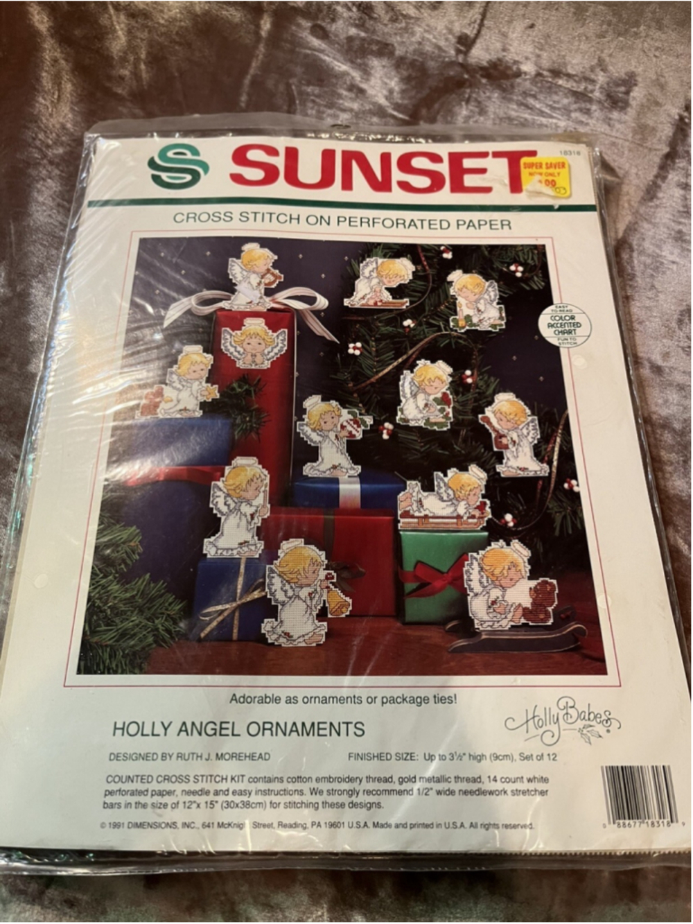 Sunset HOLLY ANGEL ORNAMENTS 1991 Perforated Paper Cross Stitch Kit Morehead